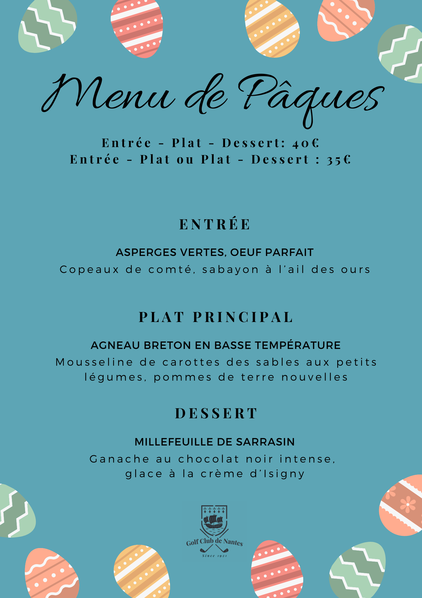 Menu de Pâques &#8211; dimanche 31 mars